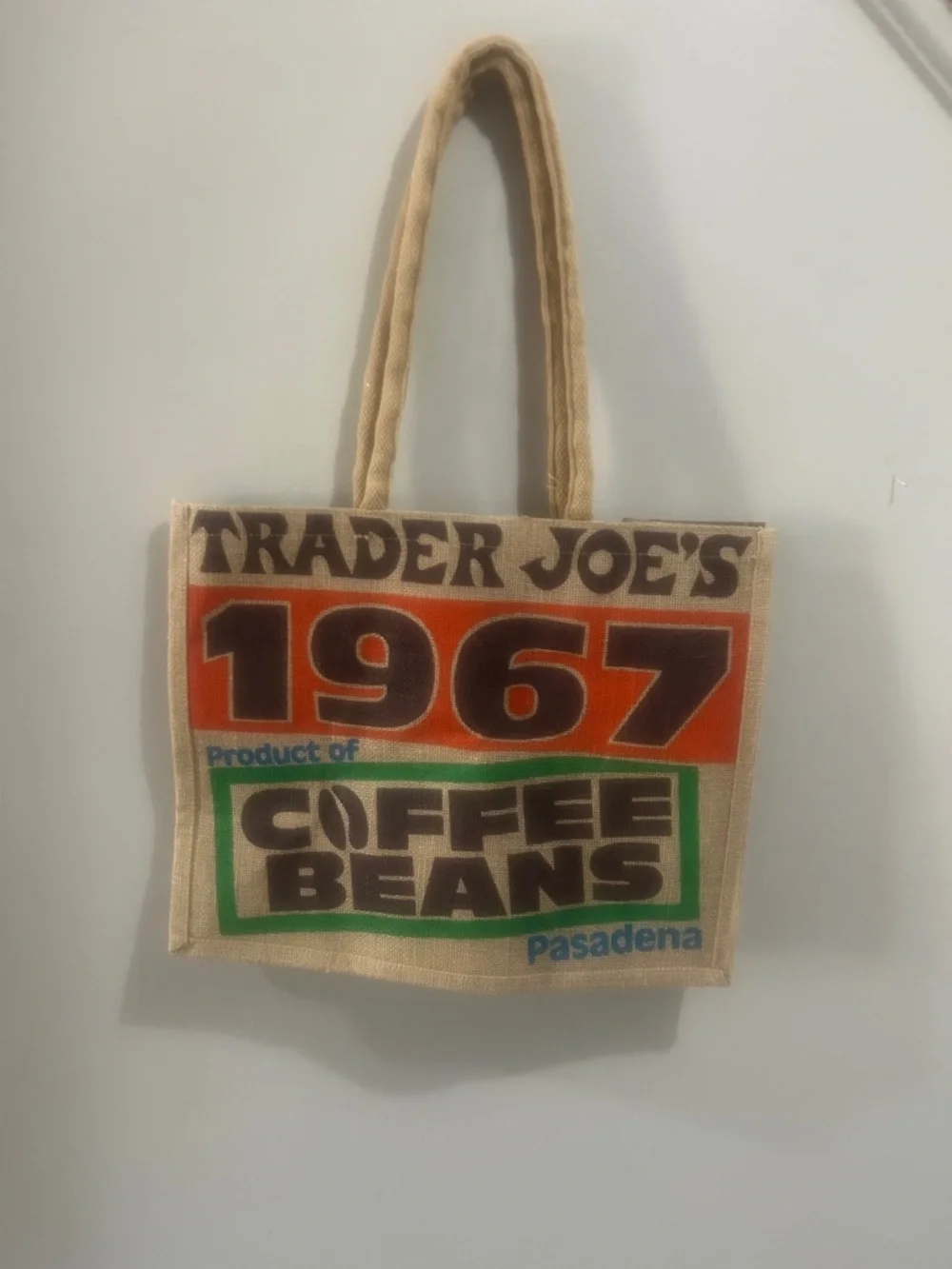 Trader Joe's Beige Jute Tote Bag with Orange & Green Print